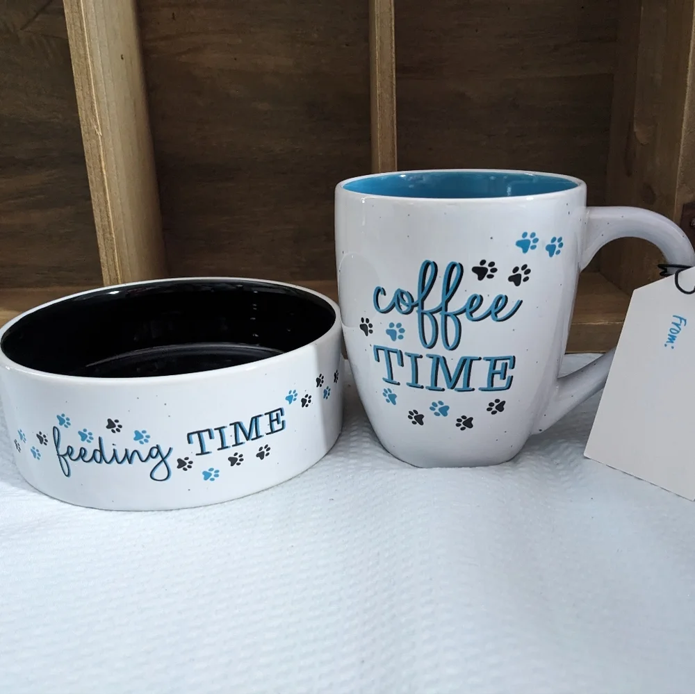 💙 Coffee Time & 🐾 Feeding Time Pet Mug Bowl Set NEW